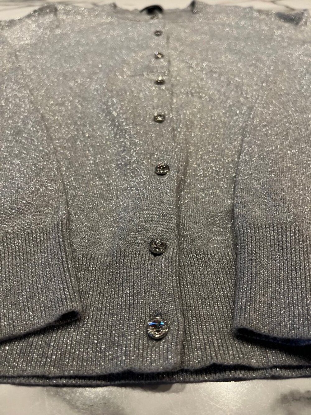 Ann Taylor Factory Silver Metallic Shimmer Cardigan Sweater Rhinestone Buttons S